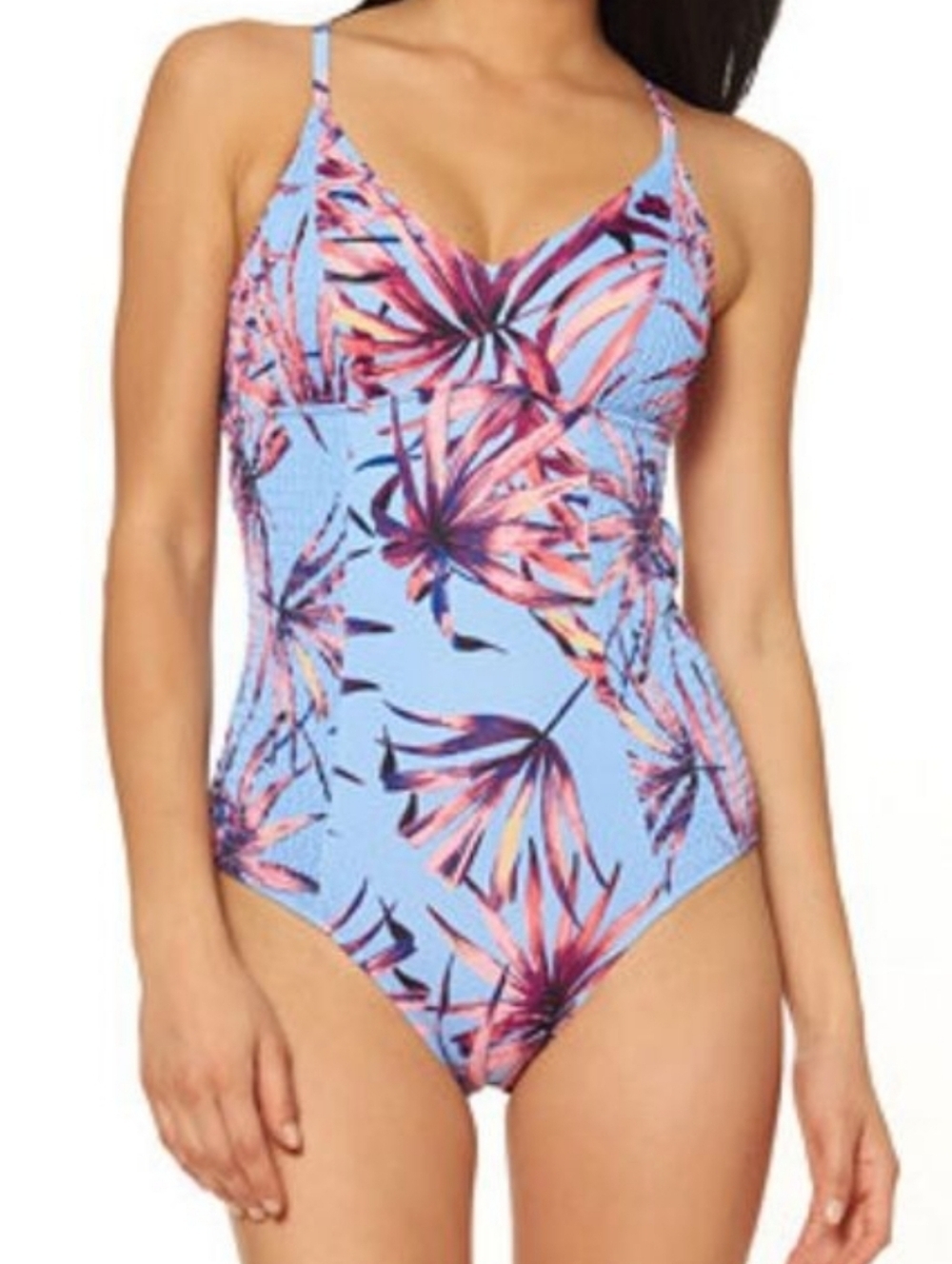 JESSICA SIMPSON Palmy Days Smocked Cross Back One Piece Swim Bathing Suit  SZ:M